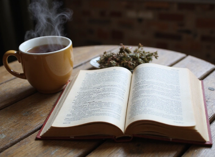 Open book on a wooden table with a cup of herbal tea, cozy and inviting