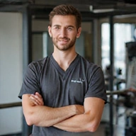 Portrait of Piotr Zieliński, a male physiotherapist with a confident and supportive demeanor