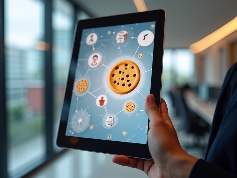 Ręka trzymająca tablet z ikonami plików cookie na ekranie, symbolizującą prywatność i dane cyfrowe.