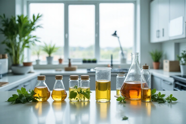 Nowoczesne, czyste laboratorium z naturalnymi ekstraktami roślinnymi, skupiające się na kontroli jakości.