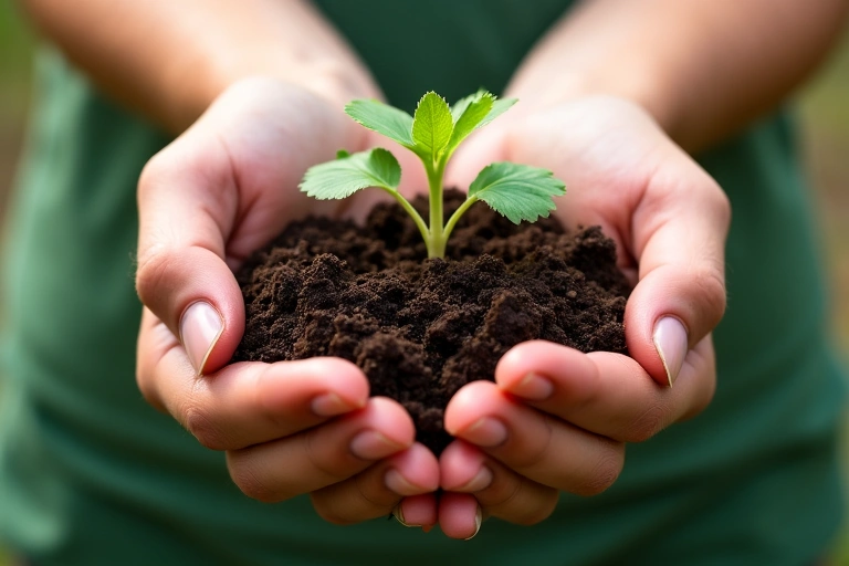 Ręce delikatnie trzymające garść żyznej ziemi z młodymi pędami, symbolizujące wzrost i naturalne pochodzenie.