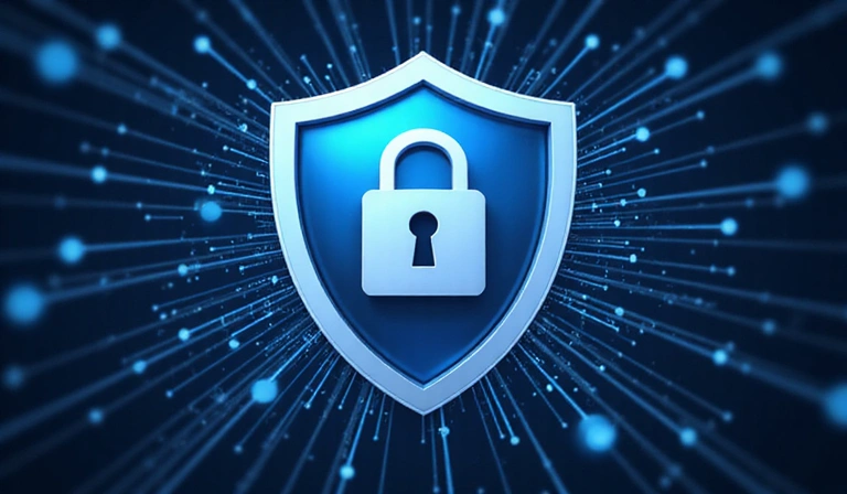 Ilustracja przedstawiająca tarczę ochronną z kłódką na tle cyfrowej sieci, symbolizująca bezpieczeństwo danych i cyberbezpieczeństwo.