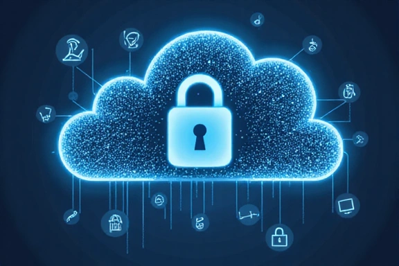 Ilustracja przedstawiająca prywatność danych, z zamykaną kłódką na cyfrowej chmurze i ikonami symbolizującymi bezpieczeństwo informacji.