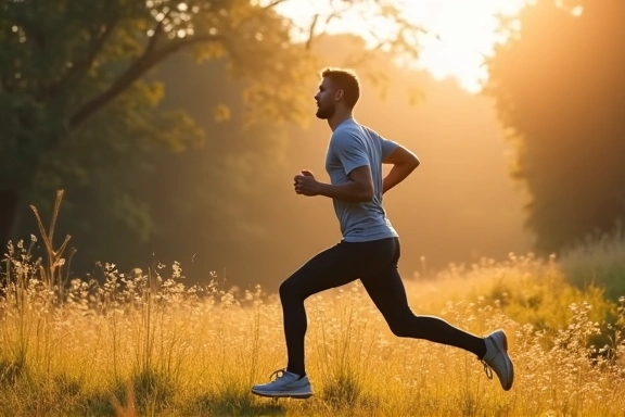 Dynamiczny mężczyzna biegnący na zewnątrz, pełen energii.